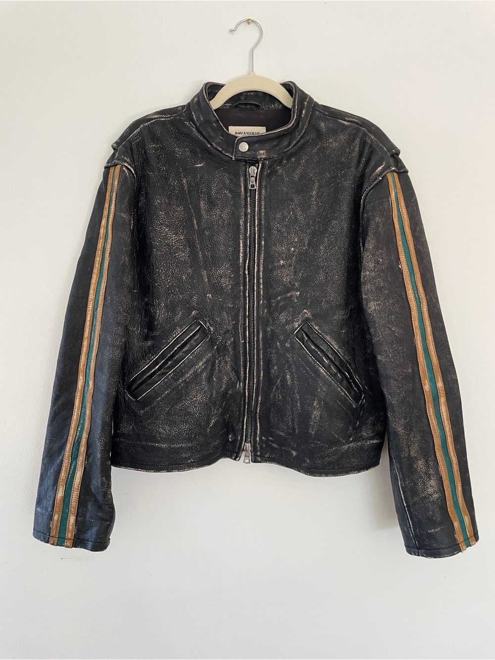 Bare Knuckles Ace Leather Jacket Bomber Racing Stripe Motorcycle Racer Moto Punk